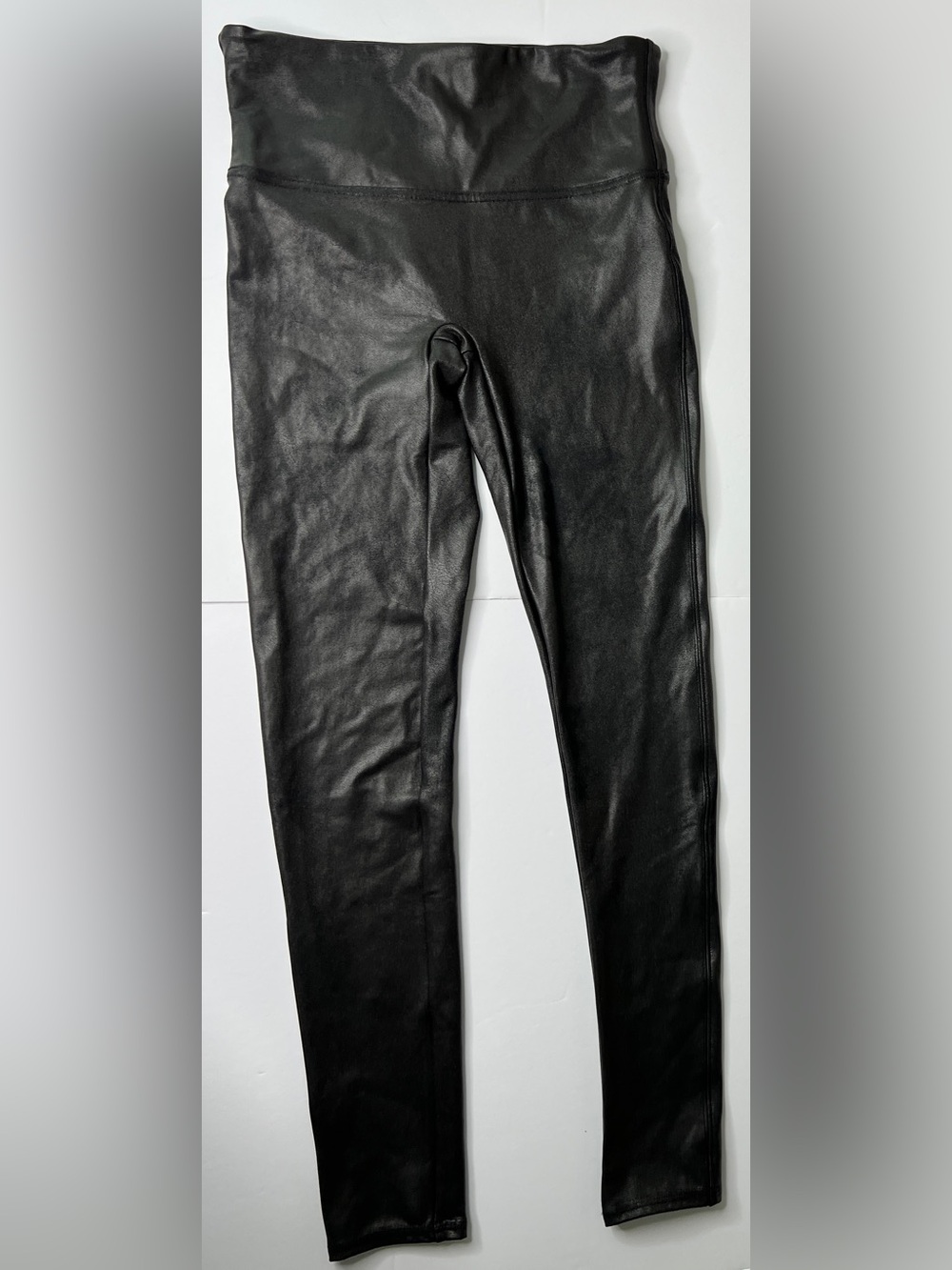 Spanx Black Faux Leather High Waisted Leggings Size Medium Glossy Shaping